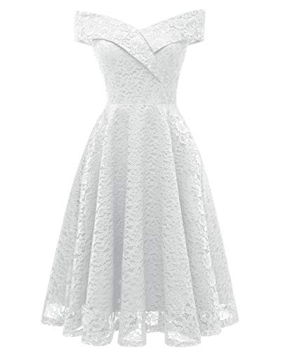 SAMGU Damen Elegant Spitze V-Ausschnitt Aus der Schulter Abendkleider Cocktailkleider Partykleider Ballkleider Weiß M von SAMGU