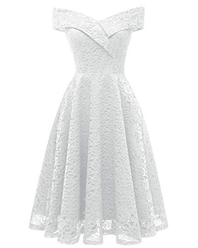 SAMGU Damen Elegant Spitze V-Ausschnitt Aus der Schulter Abendkleider Cocktailkleider Partykleider Ballkleider Weiß XL von SAMGU