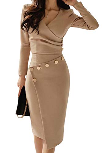 SAMGU Womens tiefem V-Ausschnitt, Lange Ärmel asymmetrisch Knopfleiste Geraffte Midikleid Elegante Formale Bodycon Bleistift Arbeit Kleid Khaki-M von SAMGU
