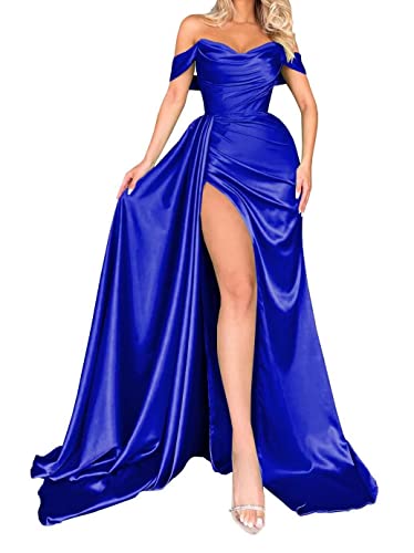 Abschlussballkleid für Damen, schulterfrei, mit Zugband, langes Satin, gerüscht, Abendkleider mit Schlitz, königsblau, 46 von SAMHO