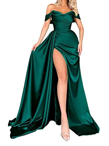 Ballkleid für Frauen Schulterfrei mit Zug Wrap Lange Satin Geraffte Abendkleider mit Schlitz, smaragdgrün, 36 von SAMHO