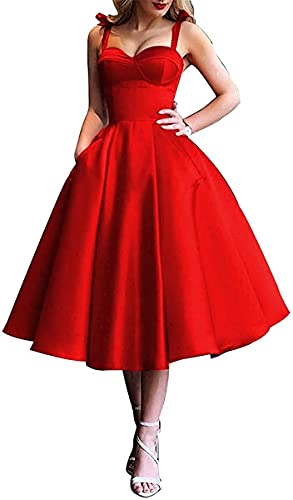 Blaugrünes, rückenfreies Ballkleid für Damen, Satin, Schnürung, Heimkehr-Kleider mit Taschen, rot, 38 von SAMHO