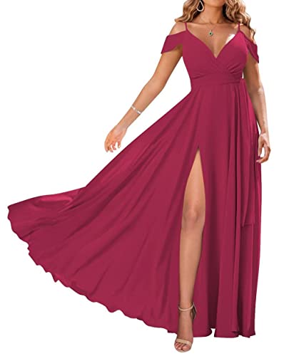 Brautjungfernkleider für Damen, schulterfrei, langes Chiffon, formelles Kleid mit Schlitz, fuchsia, 48 von SAMHO