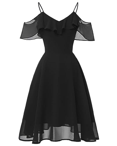 Damen A-Linie Chiffon Kurze Brautjungfer Kleider V-Ausschnitt Formale Prom Party Kleid, Schwarz , 58 von SAMHO