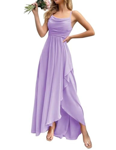 Damen Chiffon Brautjungfernkleider für Hochzeit mit Schlitz Lange Ballkleider Cocktailkleider Übergröße, Flieder, 34 von SAMHO