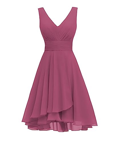 Damen Doppel V Ausschnitt Kurze Brautjungfer Kleider 2023 Geraffte Chiffon Formale Cocktailkleid für Party Heimkehr, mulberry, 40 von SAMHO