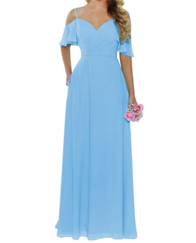 Damen Schulterfrei Chiffon Brautjungfernkleid mit Taschen Lange Spaghettiträger Abschlussball formelles Abendkleid, blau, 38 von SAMHO