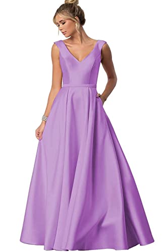 Damen V-Ausschnitt Abendkleid Abschlussball Lang Satin Mutter der Braut Kleid mit Taschen, Wisteria, 42 von SAMHO