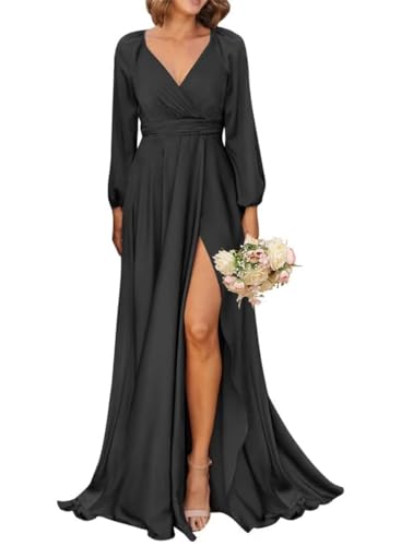 SAMHO Damen V-Ausschnitt Brautjungfernkleider mit Lange Ärmel Falten Chiffon Formale Abend Party Kleid mit Schlitz, Schwarz , 56 von SAMHO