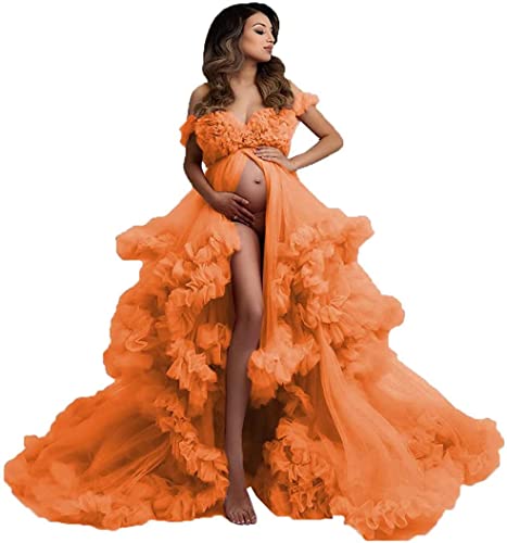 Flauschiger Tüllmantel für Damen, Umstandskleider, Fotoshooting, lang, durchsichtig, Brautmantel, Orange, 48 von SAMHO