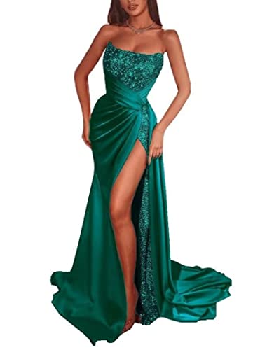 Glitzer-Pailletten-Abschlussballkleider, Meerjungfrauen-Schlitz, Satin, Abendkleid, glitzernd, Stretch mit Zug, Turquoise, 32 von SAMHO