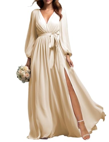 Prom Langarm Brautjungfer Kleider mit Schlitz für Frauen Chiffon V-Ausschnitt Formale Abendkleid, champagnerfarben, 48 von SAMHO