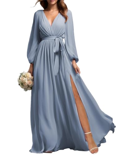 Prom Langarm Brautjungfer Kleider mit Schlitz für Frauen Chiffon V-Ausschnitt Formale Abendkleid, dusty blue, 36 von SAMHO