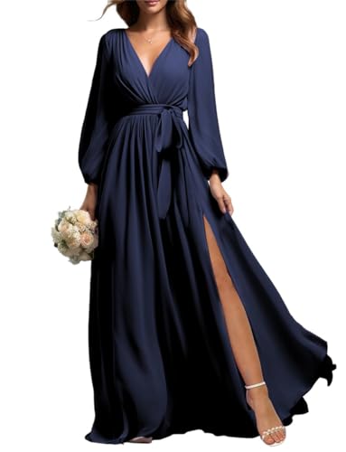 Prom Langarm Brautjungfer Kleider mit Schlitz für Frauen Chiffon V-Ausschnitt Formale Abendkleid, navy, 44 von SAMHO