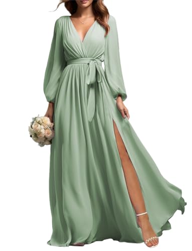 Prom Langarm Brautjungfer Kleider mit Schlitz für Frauen Chiffon V-Ausschnitt Formale Abendkleid, salbeigrün, 46 von SAMHO
