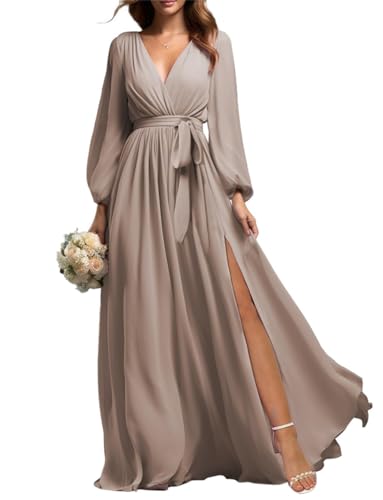 Prom Langarm Brautjungfer Kleider mit Schlitz für Frauen Chiffon V-Ausschnitt Formale Abendkleid, taupe, 34 von SAMHO