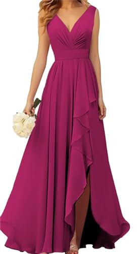 SAMHO Chiffon Brautjungfer Kleider V-Ausschnitt High Low Ballkleid mit Schlitz Plissee Eine Linie Formale Abendkleider, fuchsia, 38 von SAMHO