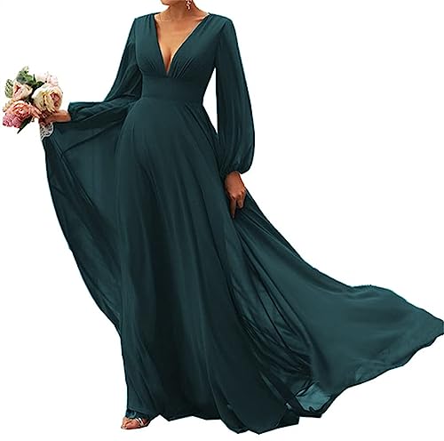 SAMHO Damen Lange Ärmel Brautjungfer Kleider V-Ausschnitt Chiffon A Linie Formale Kleid Abendkleider mit Zug, pfau, 38 von SAMHO