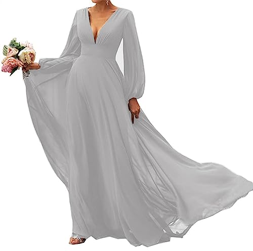 SAMHO Damen Lange Ärmel Brautjungfer Kleider V-Ausschnitt Chiffon A Linie Formale Kleid Abendkleider mit Zug, silber, 40 von SAMHO