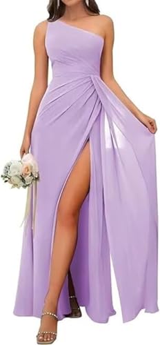 SAMHO Damen One Shoulder Brautjungfernkleid Hohe Taille Plissee Chiffon A Linie Langer Schlitz Abendkleid, Flieder, 34 von SAMHO