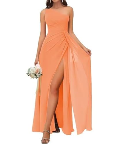 SAMHO Damen One Shoulder Brautjungfernkleid Hohe Taille Plissee Chiffon A Linie Langer Schlitz Abendkleid, Orange, 36 von SAMHO
