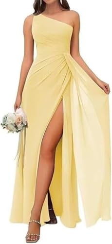 SAMHO Damen One Shoulder Brautjungfernkleid Hohe Taille Plissee Chiffon A Linie Langer Schlitz Abendkleid, gelb, 36 von SAMHO