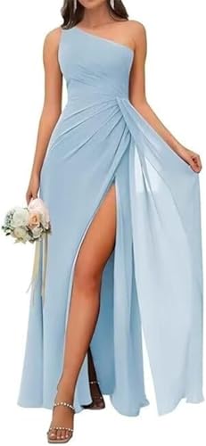 SAMHO Damen One Shoulder Brautjungfernkleid Hohe Taille Plissee Chiffon A Linie Langer Schlitz Abendkleid, hellblau, 38 von SAMHO