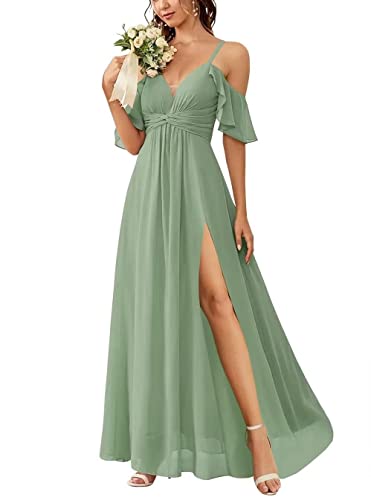 Spaghetti-Träger, Brautjungfernkleid mit Schlitz, einfach, lang, A-Linie, formelles Kleid für Damen, graugrün, 56 von SAMHO