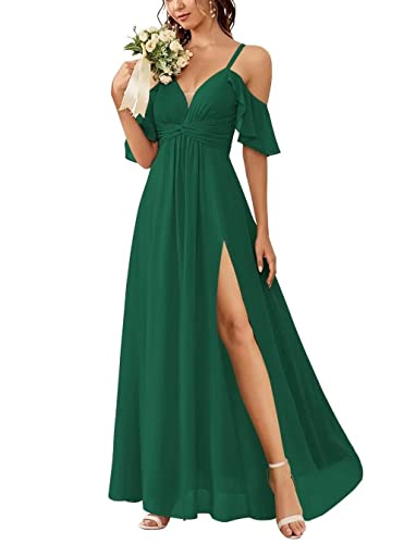 Spaghetti-Träger, Brautjungfernkleid mit Schlitz, einfach, lang, A-Linie, formelles Kleid für Damen, grün, 56 von SAMHO
