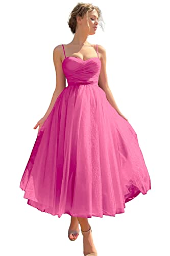 Spaghetti-Träger, Tüll, Abschlussballkleid, Teelänge, formelle Party-Abendkleid, hot pink, 36 von SAMHO