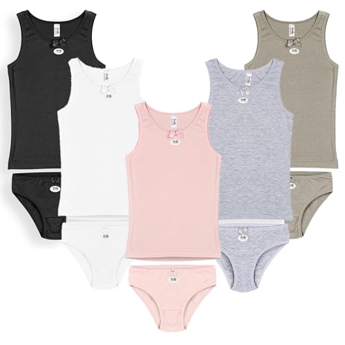 SAMILY Unterhemden Unterhosen Mädchen Set 10er Pack Baumwolle Unterwäsche Tanktop Boxershorts Slips Spaghettiträger (schwarz weiss rosa grau khaki 2, 110-116) von SAMILY