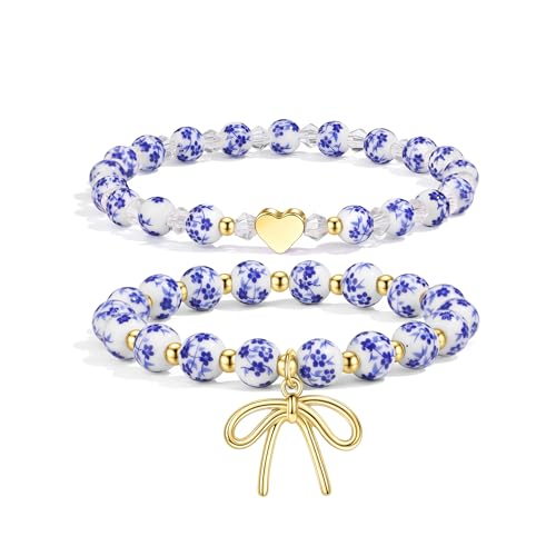 SAMOCO 2 x Perlenarmbänder mit Schleife für Damen, Blau/Rosa, Blume, Vintage-Armband, handgefertigt, Stretch, Goldperlen, zierliches Schmuckgeschenk, Elasticity, Stein, Kein Edelstein SAMOCO 2 x Perlenarmbänder mit Schleife für Damen, Blau/Rosa, Blume, Vintage-Armband, handgefertigt, Stretch, Goldperlen, zierliches Schmuckgeschenk, Elasticity, Stein, Kein Edelstein von SAMOCO