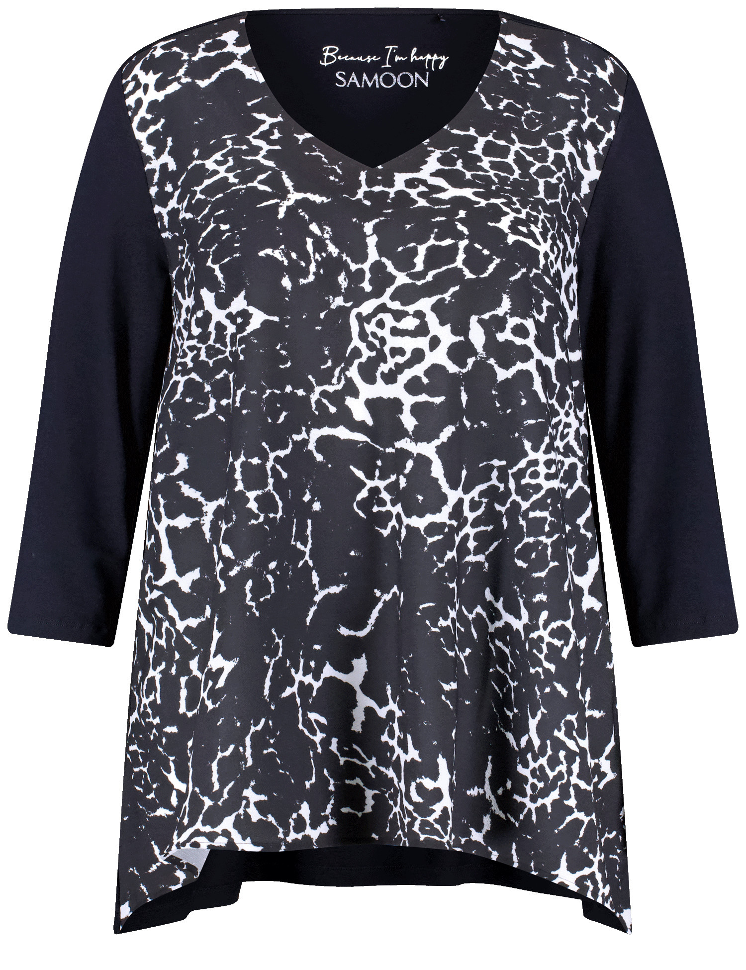 SAMOON Damen 3/4 Arm Shirt mit Material-Patch 72cm V-Ausschnitt Viskose Blau Animal-Print, 56 von SAMOON