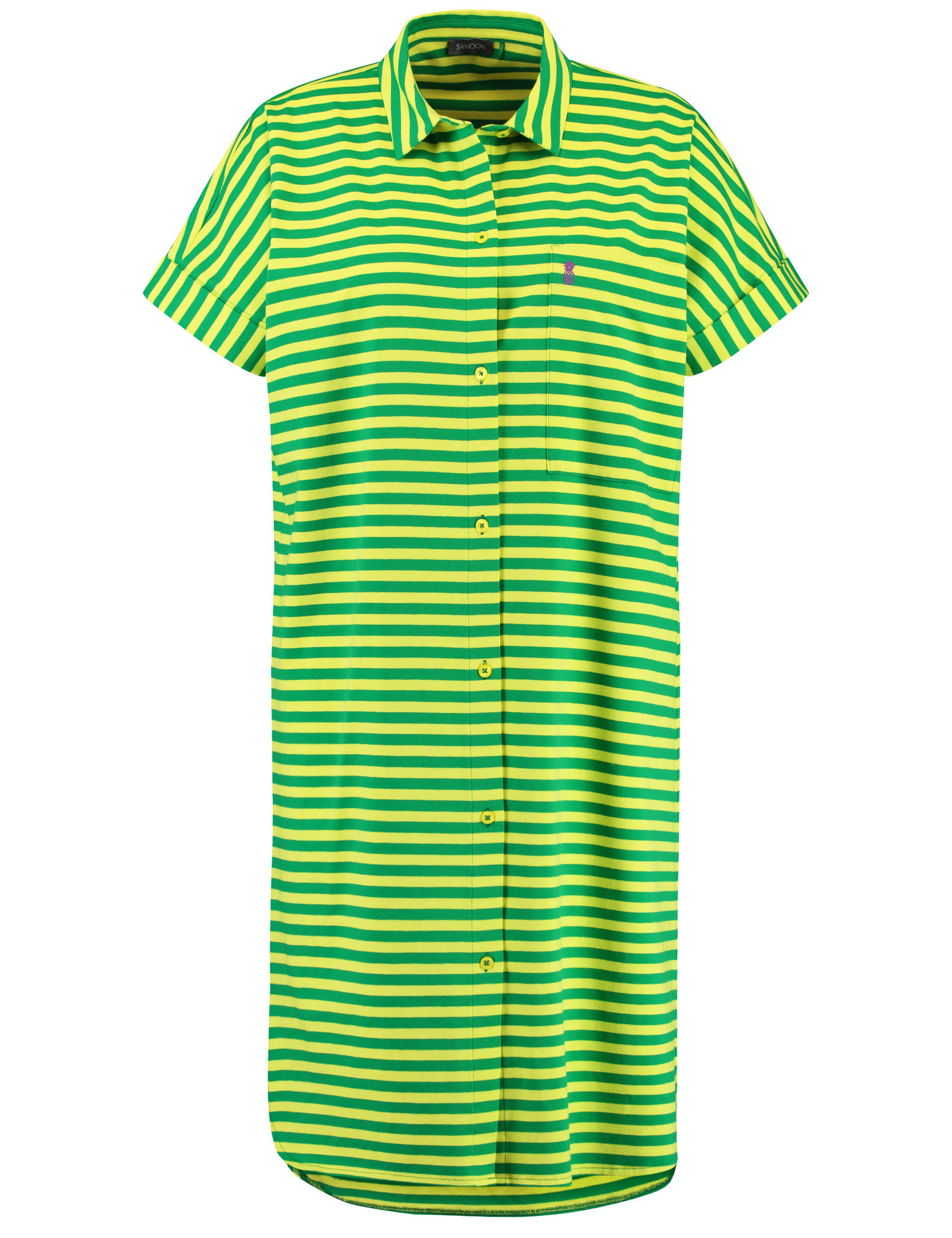 SAMOON Damen Geringeltes Shirtkleid aus Baumwoll-Jersey Kurzarm Hemdkragen Baumwolle Grün gestreift, 52 von SAMOON