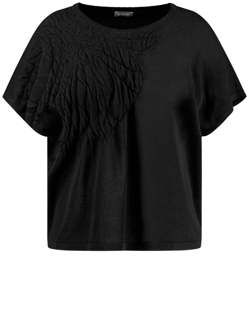 SAMOON Damen Kurzarmpullover mit Blüten-Intarsie 64cm Rundhals Polyacryl Schwarz, 56 von SAMOON