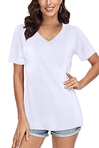SAMPEEL T Shirt Damen V-Ausschnitt Tops Sommer Oberteile Shirt Elegant Kurzarm Casual Basic Weiß M von SAMPEEL