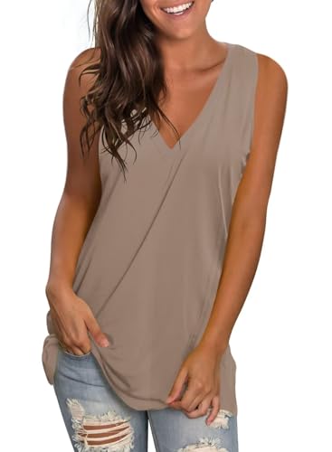 SAMPEEL Damen Tank Top V-Ausschnitt Tops Sommer T Shirt Ärmellose Oberteile Locker Casual Khaki L von SAMPEEL