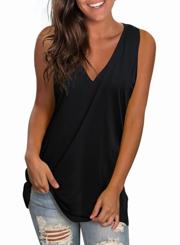 SAMPEEL Damen Tank Top V-Ausschnitt Tops Sommer T Shirt Ärmellose Oberteile Locker Casual Schwarz L von SAMPEEL