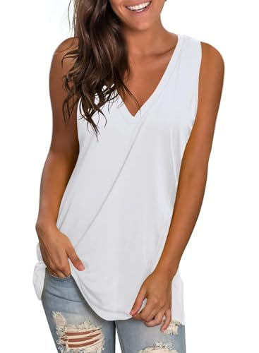 SAMPEEL Damen Tank Top V-Ausschnitt Tops Sommer T Shirt Ärmellose Oberteile Locker Casual Weiss S von SAMPEEL