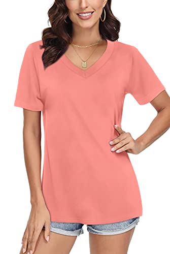 SAMPEEL T Shirt Damen V-Ausschnitt Tops Sommer Oberteile Shirt Elegant Kurzarm Casual Basic Rosa M von SAMPEEL