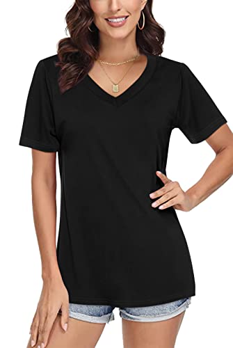 SAMPEEL T Shirt Damen V-Ausschnitt Tops Sommer Oberteile Shirt Elegant Kurzarm Casual Basic Schwarz M von SAMPEEL