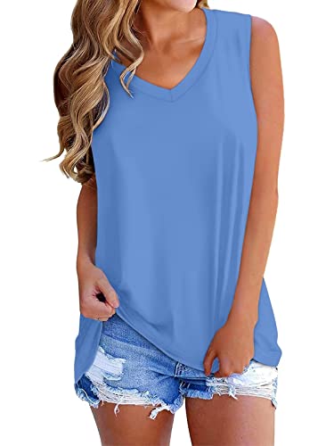 SAMPEEL Tank Tops Damen Lang Oberteil locker T Shirt Ärmellos V-Ausschnitt Basic Shirts Sommer Hellblau S von SAMPEEL