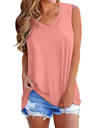 SAMPEEL Tank Tops Damen Lang Oberteil locker T Shirt Ärmellos V-Ausschnitt Basic Shirts Sommer Rosa M von SAMPEEL