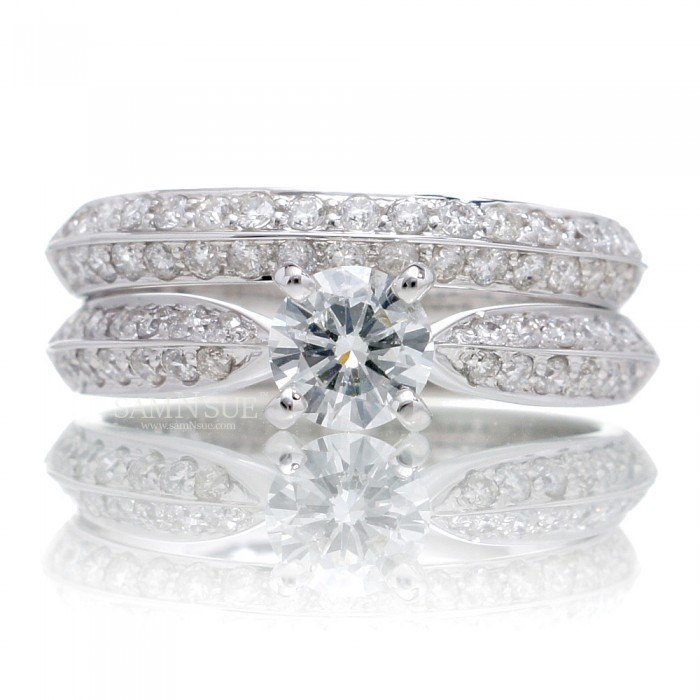 18K Diamant Solitär Messer Rand Design Einfach Pflastern Braut Set Hochzeit Band Verlobungsring von SAMnSUE