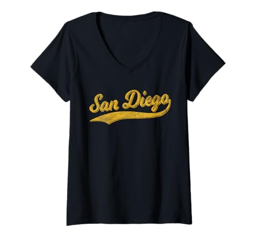 Damen SAN DIEGO SPORTS SCRIPT CURSIVE TEXT CLASSIC SWOOSH T-Shirt mit V-Ausschnitt Damen SAN DIEGO SPORTS SCRIPT CURSIVE TEXT CLASSIC SWOOSH T-Shirt mit V-Ausschnitt von SAN DIEGO CALIFORNIA SD RETRO VINTAGE SCRIPT