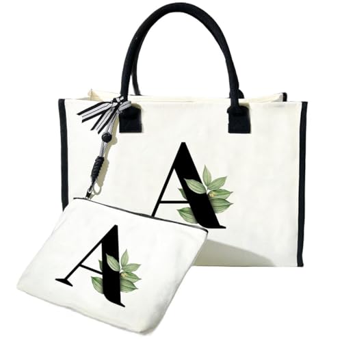 SANCABA Geschenke für Frauen, personalisierte Initiale Leinwand Tote Kosmetiktasche, monogrammierte Strandtasche, Geschenk für sie, Mutter, Lehrer, Gastgeberin, A, 20th/30th/40th/50th/60th Gift Tote von SANCABA