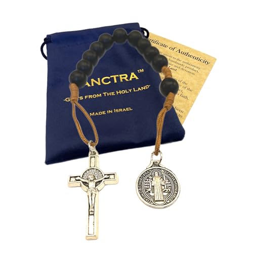 SANCTRA Taschenrosenkranz, handgefertigt und gesegnet im Heiligen Land, Gebetskette mit Heiligenmedaille und Kreuz/Kruzifix, Geschenkbeutel und Echtheitszertifikat von SANCTRA