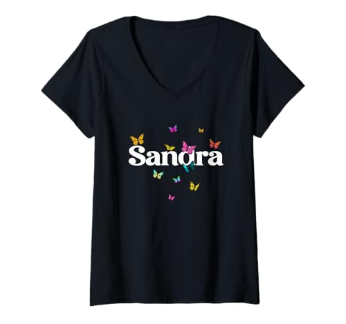 Damen Sandra - Schöner Mädchen Name mit bunten Schmetterlingen T-Shirt mit V-Ausschnitt von SANDRA Tochter Enkel Geburtstag Geschenkideen