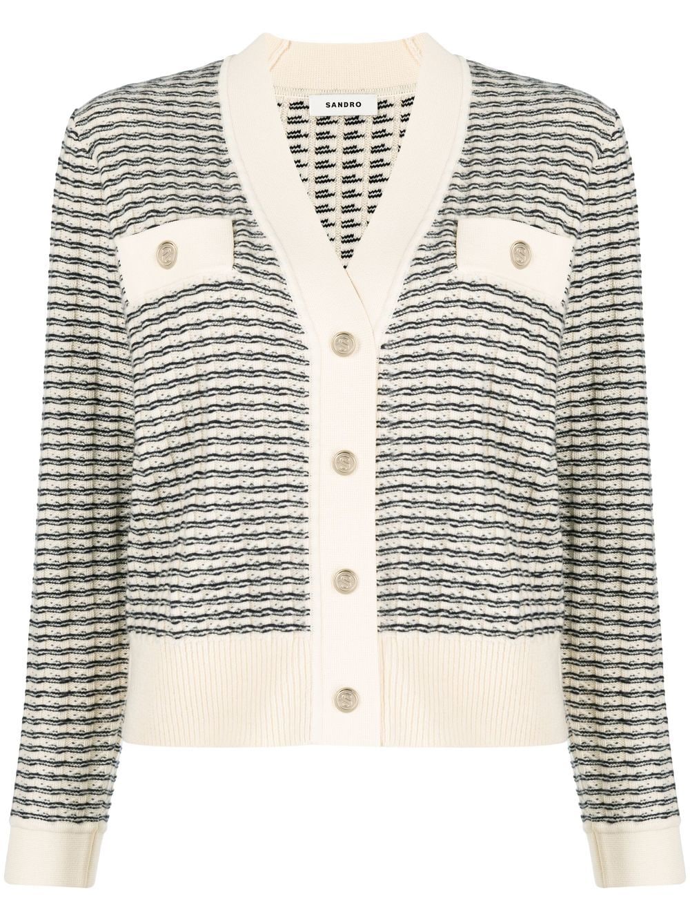 SANDRO Gestreifter Cardigan mit V-Ausschnitt - Nude von SANDRO