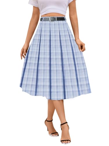 SANGTREE Damen A-Linie dehnbarer Club Y2k Mini-Faltenrock mit Gürtel, Blau kariert, Groß von SANGTREE